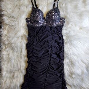 Black Sequin Ruched Dress
